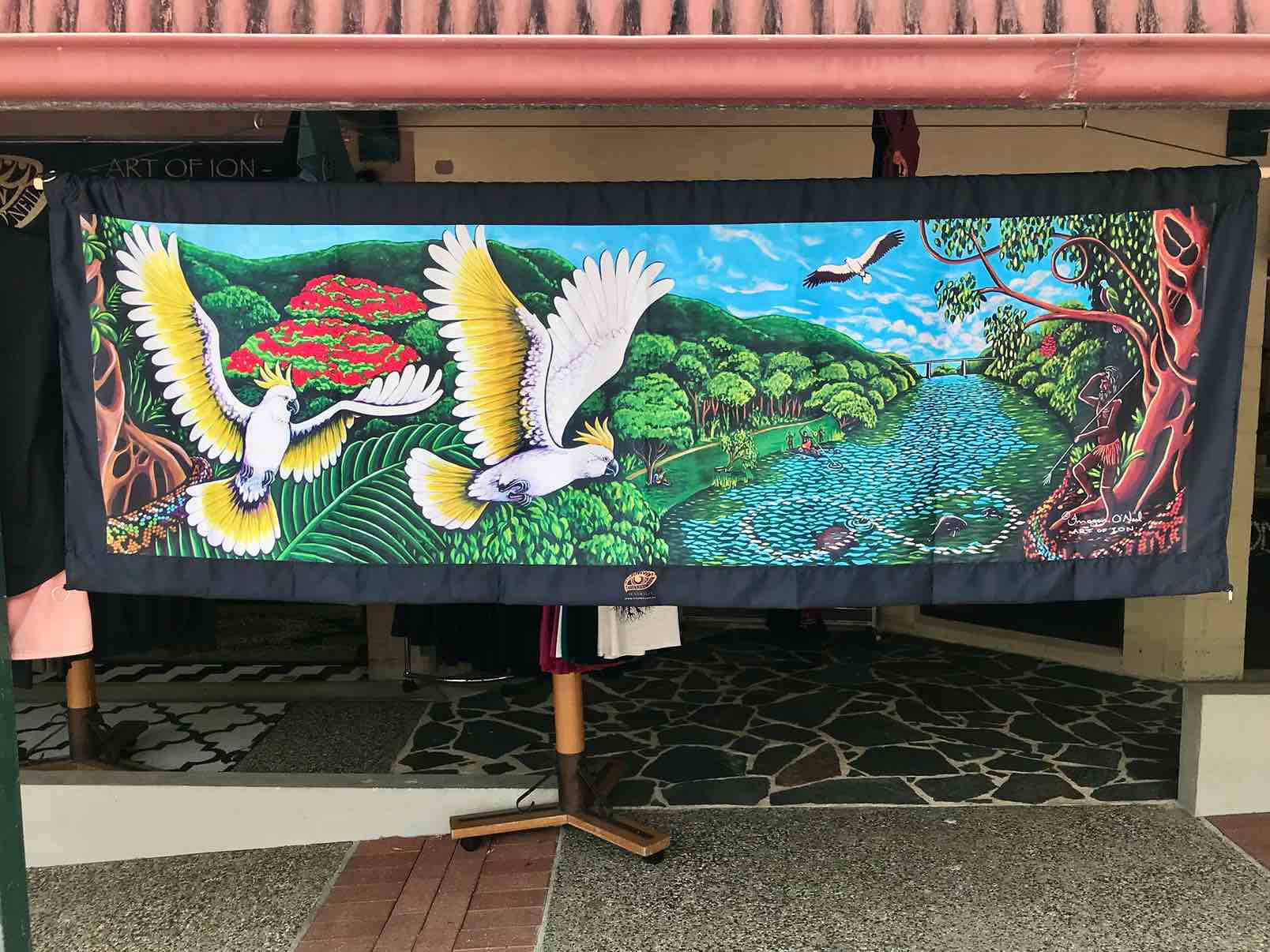 White Cockatoos & River Scene Panorama Tapestry